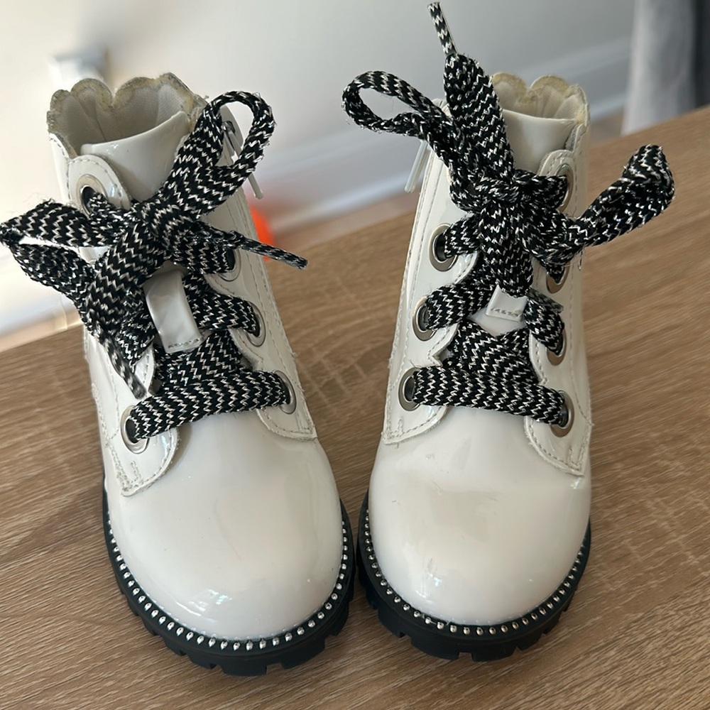 white patent leather toddler combat boots with black detail size 5